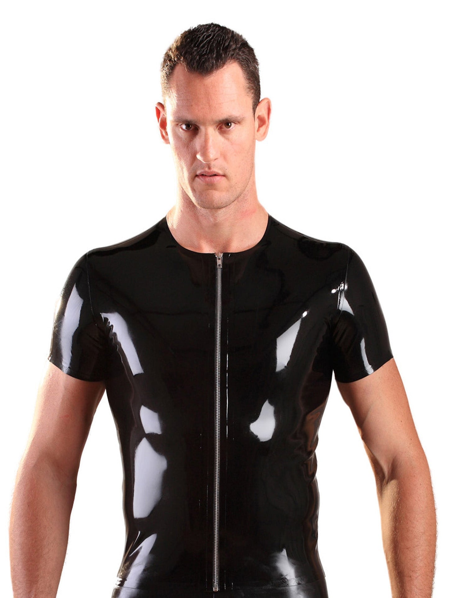 Mens Latex/Rubber T Shirt With Zip in Blue