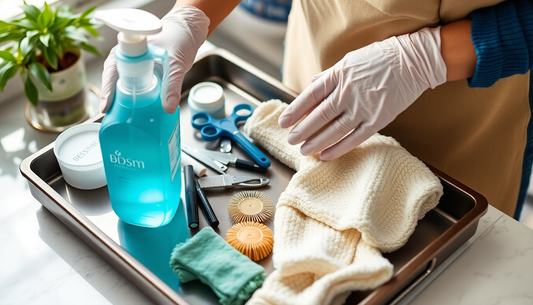 A person cleaning BDSM accessories on a tray