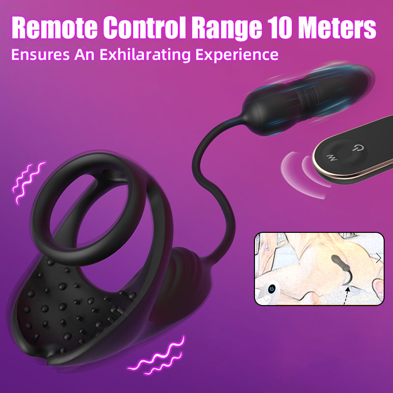 Acmejoy - 9 Thrusting & Vibrating Prostate Massager with Dual Cocking Rings Testicular Stimulator