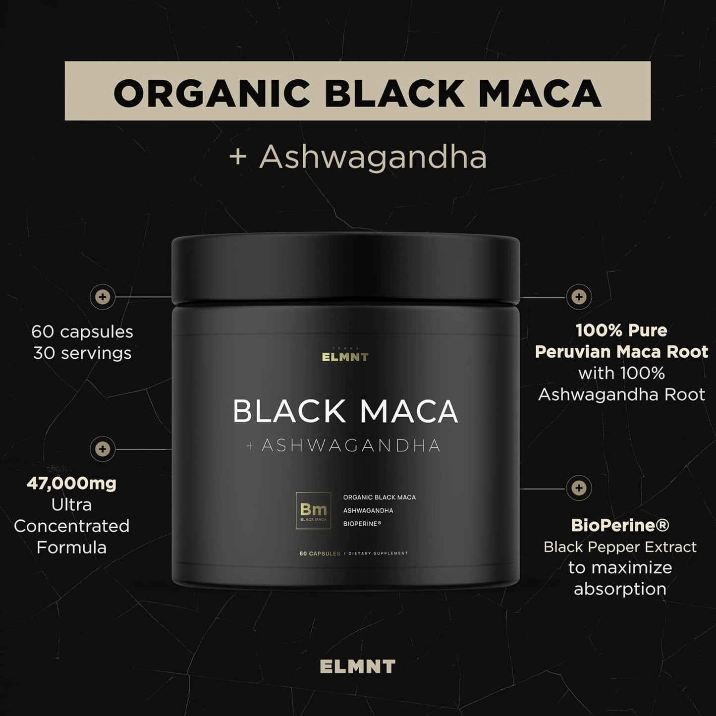 BKC×ELMNT 40x Strength Organic Black Maca - The #1 Highest Strength & Most Comprehensive Maca Supplement on Amazon
