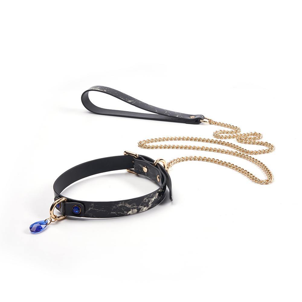 BDSM Leder Halsband Blaue und Weiße Edelsteine Metalltraktion necklace