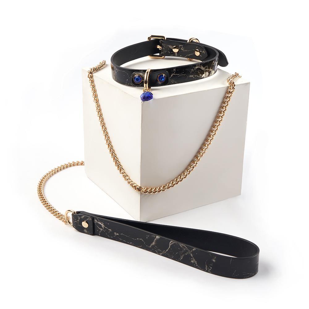 BDSM Leder Halsband Blaue und Weiße Edelsteine Metalltraktion necklace