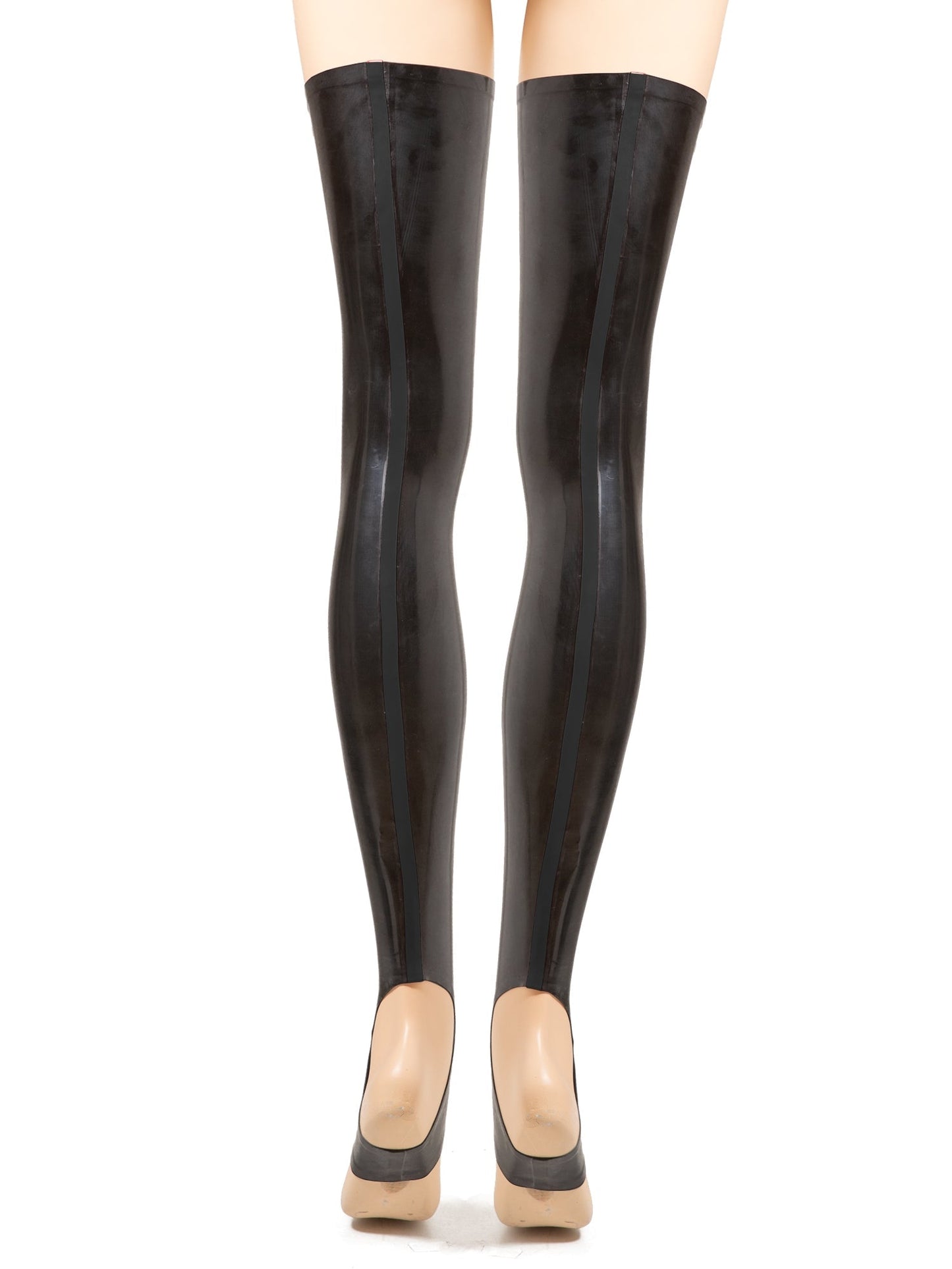 Black Latex/Rubber Footless Stockings With A Rear Seam