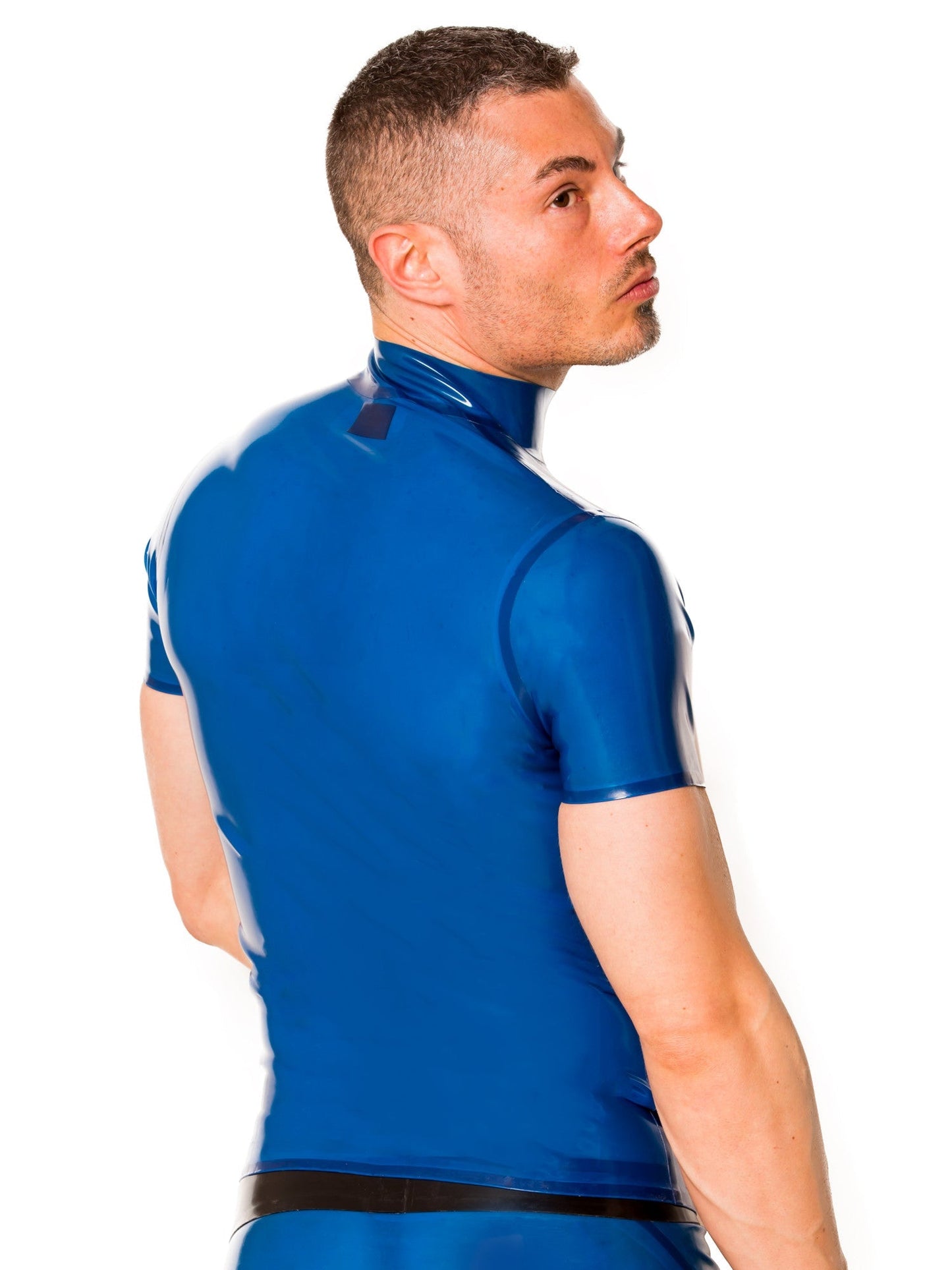 Blue Latex/Rubber Collared T Shirt