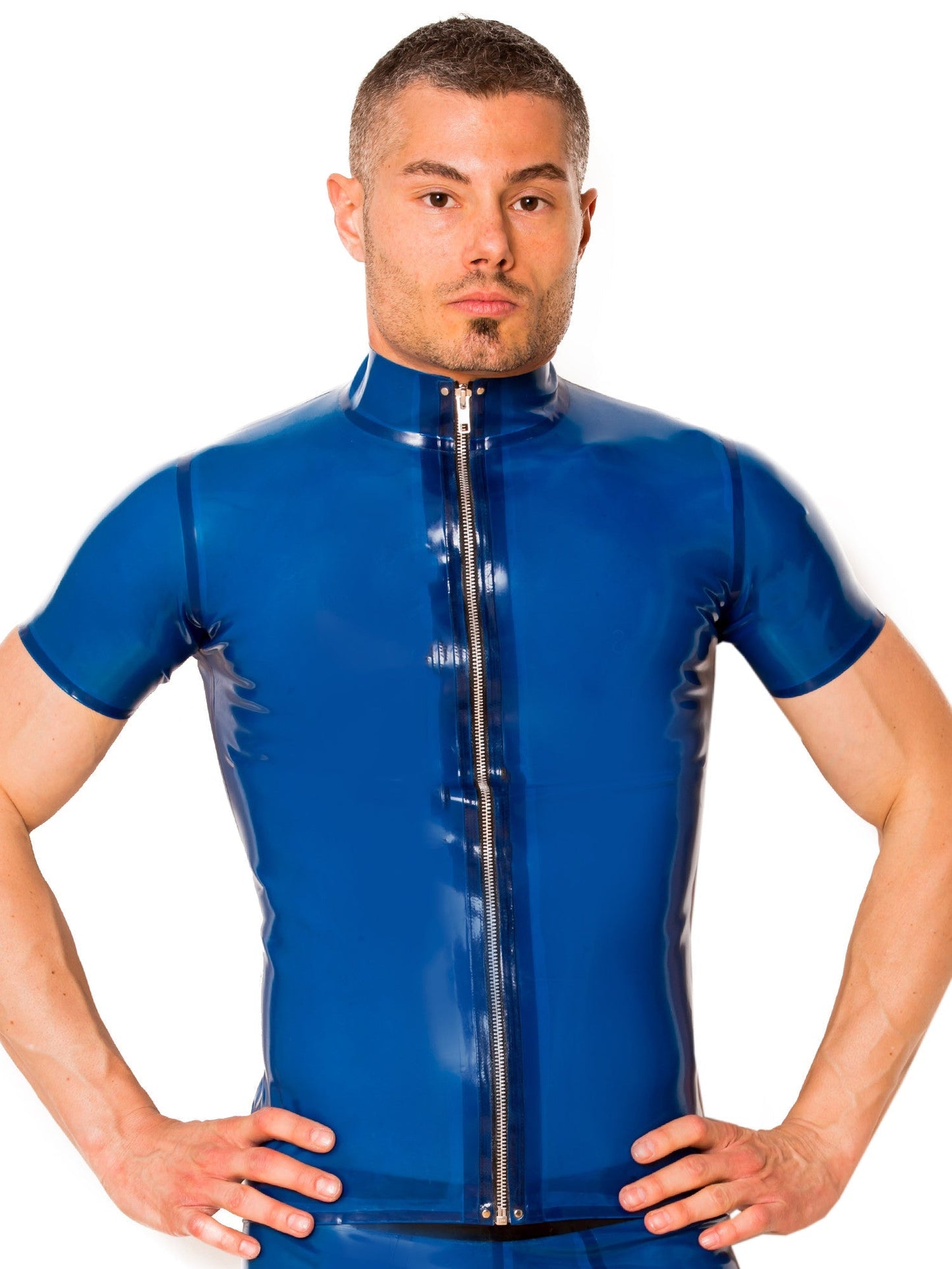 Blue Latex/Rubber Collared T Shirt