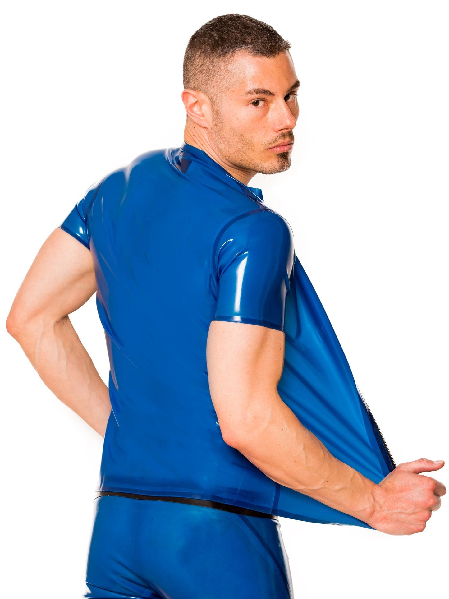 Blue Latex/Rubber Collared T Shirt