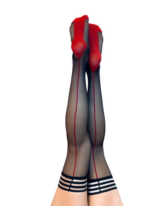 Ginny: Sheer Black with Red Back Seam. Petite to Plus Size Thigh-Highs