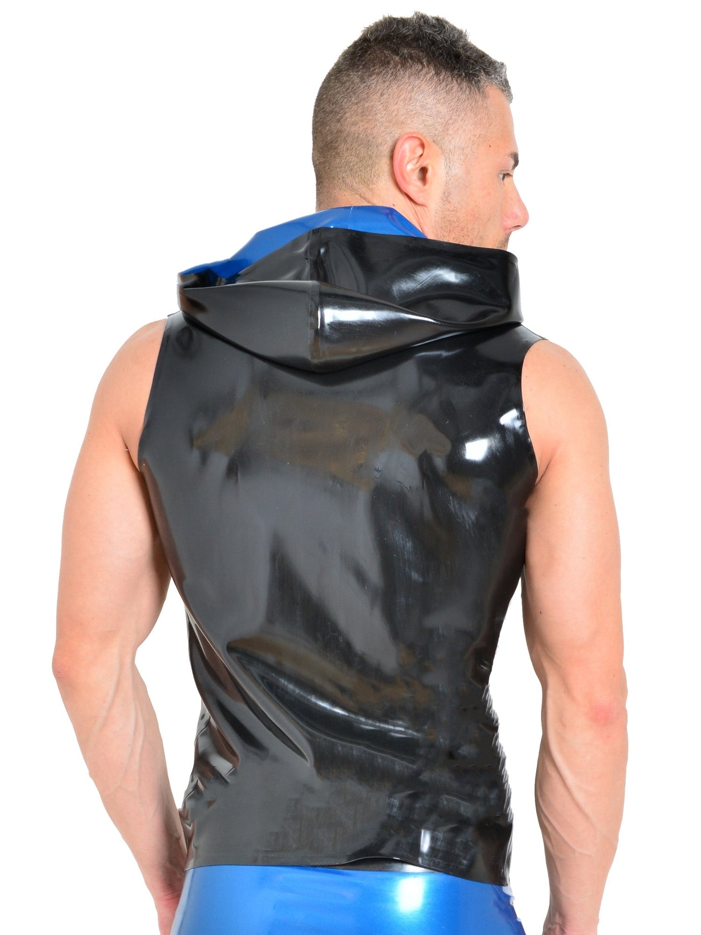 Latex/Rubber Black & Blue Sleeveless Zipped Hoody
