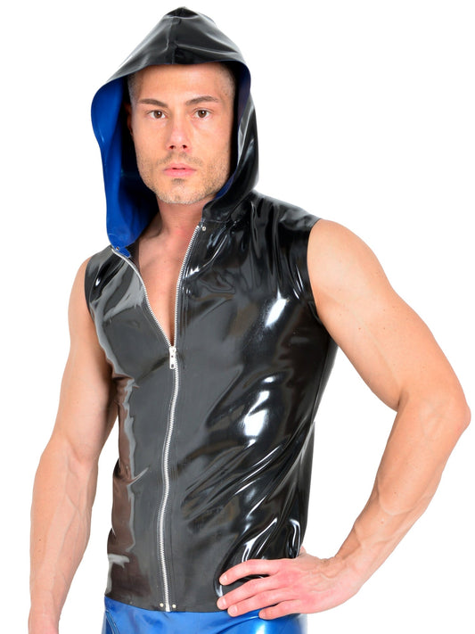 Latex/Rubber Black & Blue Sleeveless Zipped Hoody