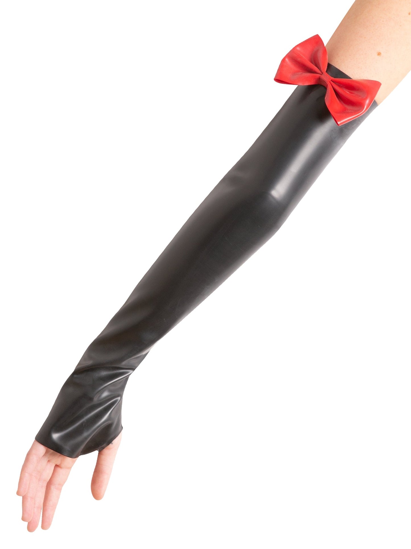 Latex/Rubber Black/Red Elbow Gauntlets With Feature Bow