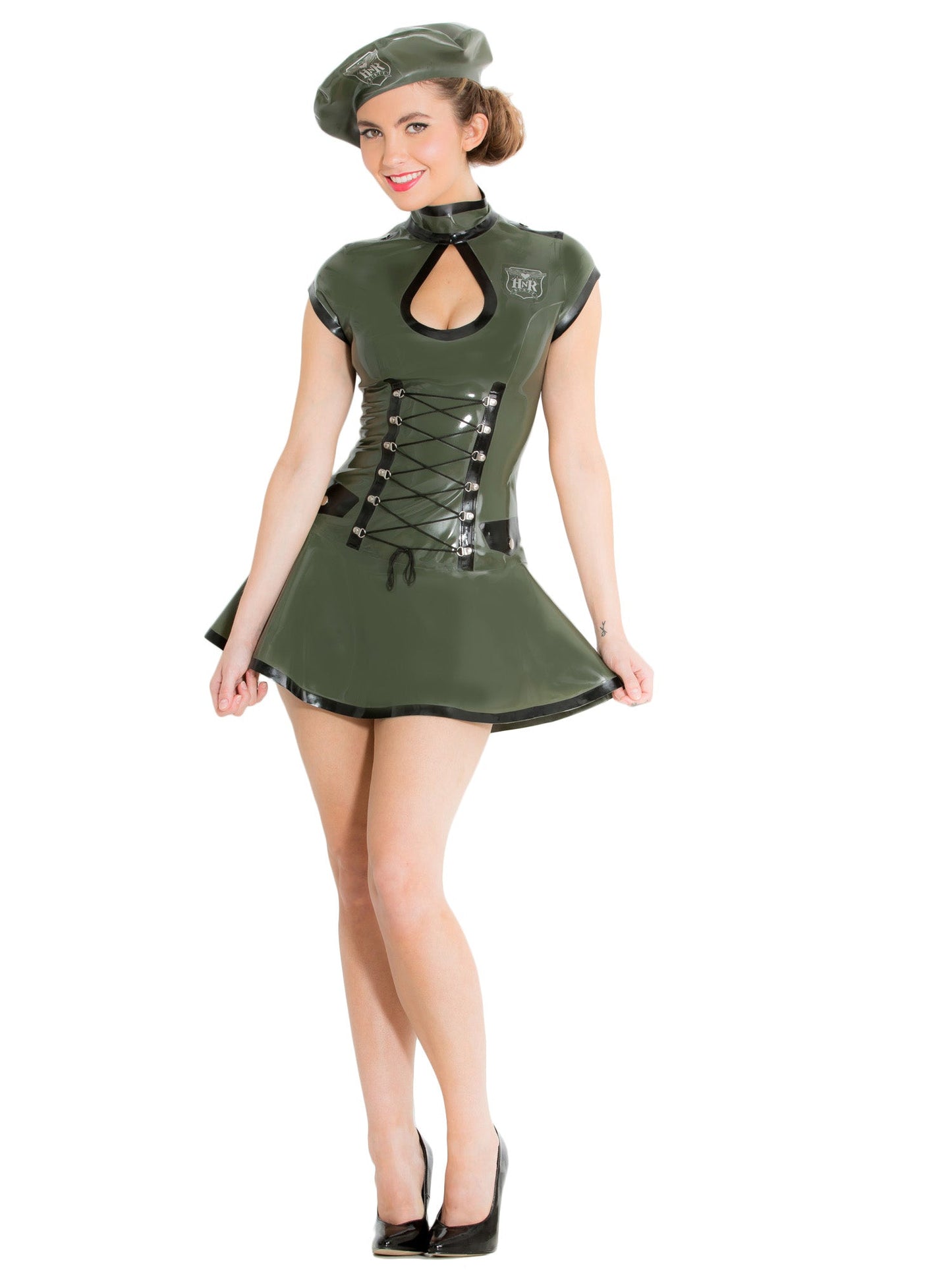 Latex/Rubber Green Army Style Dress & Beret