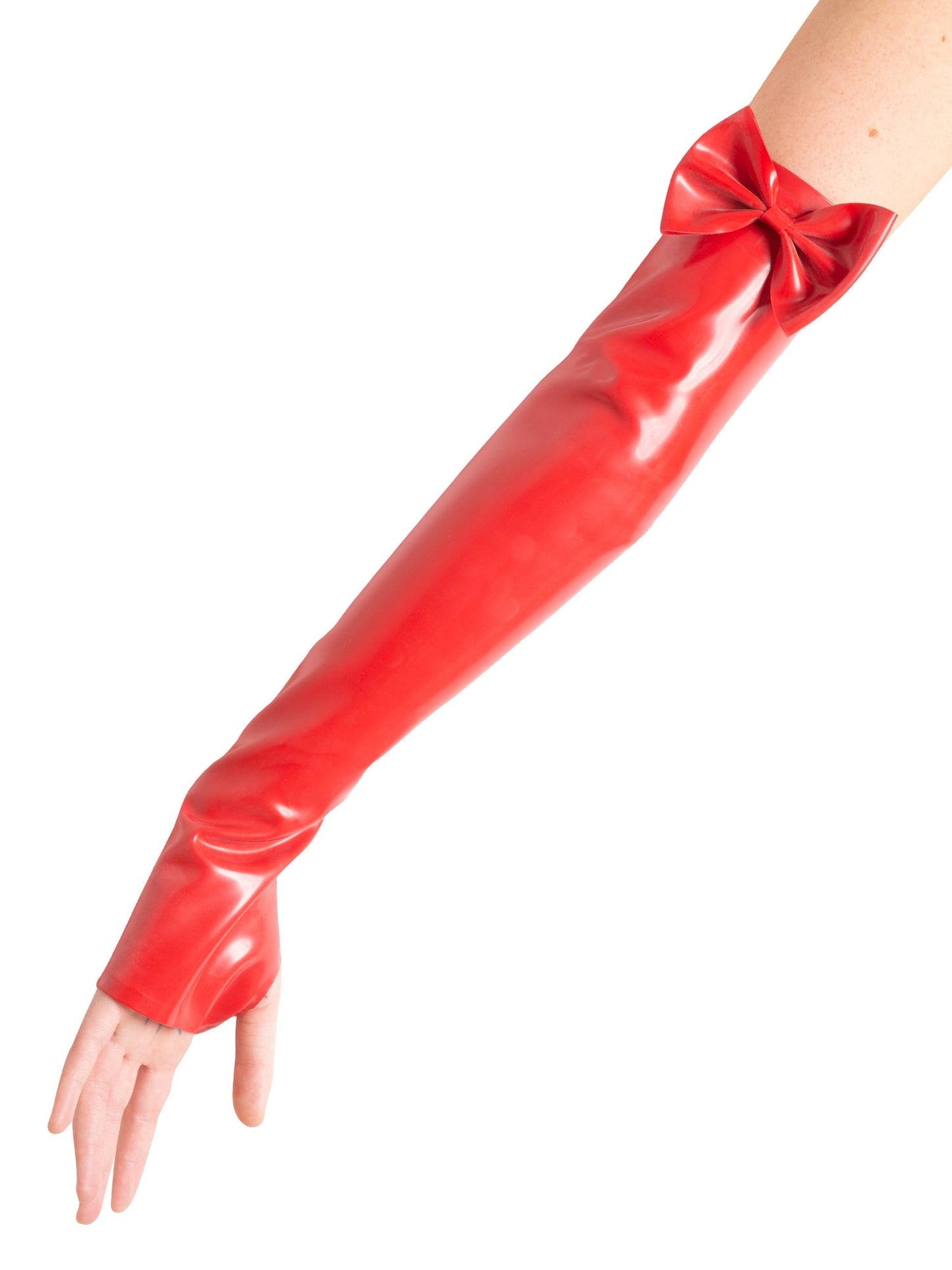 Latex/Rubber Red Elbow Gauntlets With Feature Bow