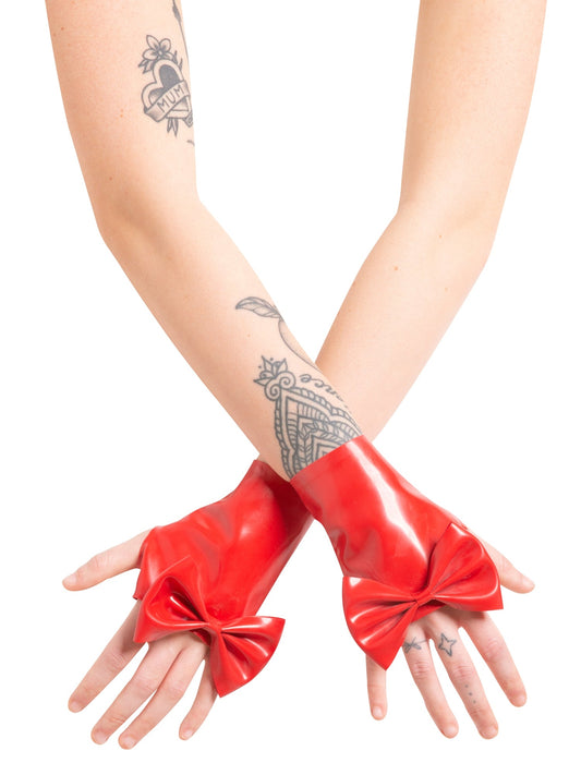 Latex/Rubber Red Wrist Gauntlets With Feature Bow