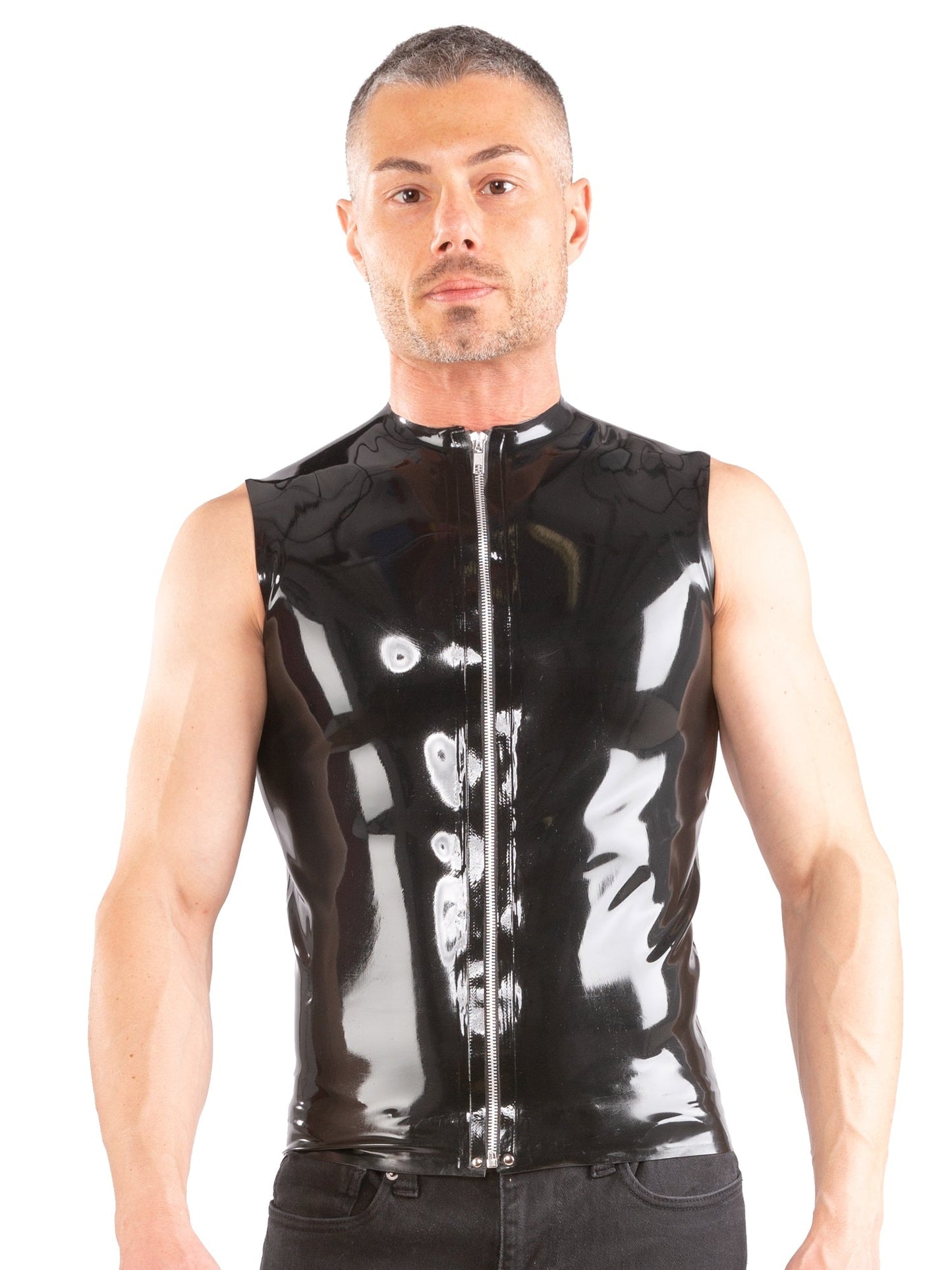 Latex/Rubber Sleeveless T Shirt With Zip in Blue