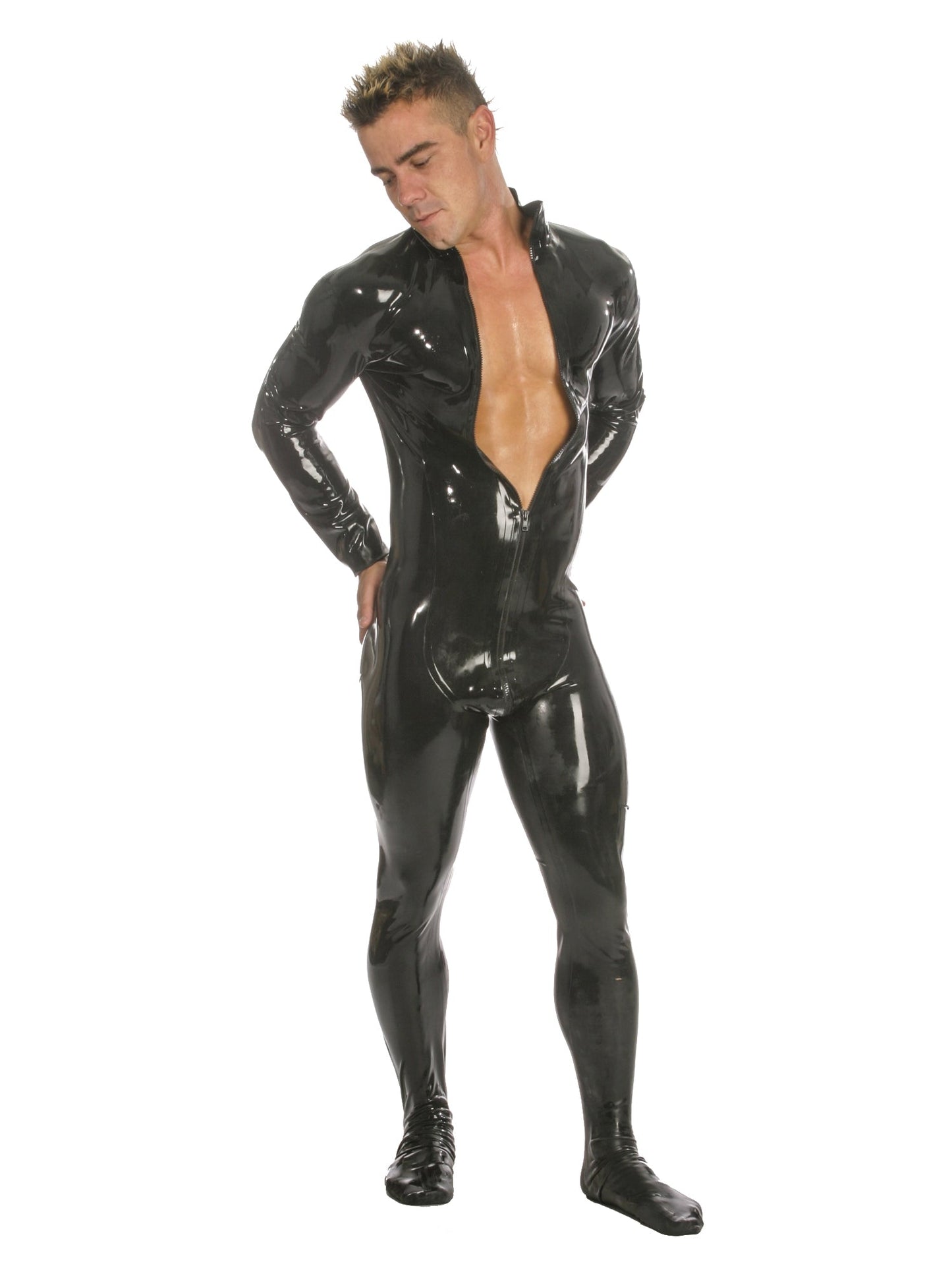 Mens Latex/Rubber Catsuit Feature Front Zip & Feet