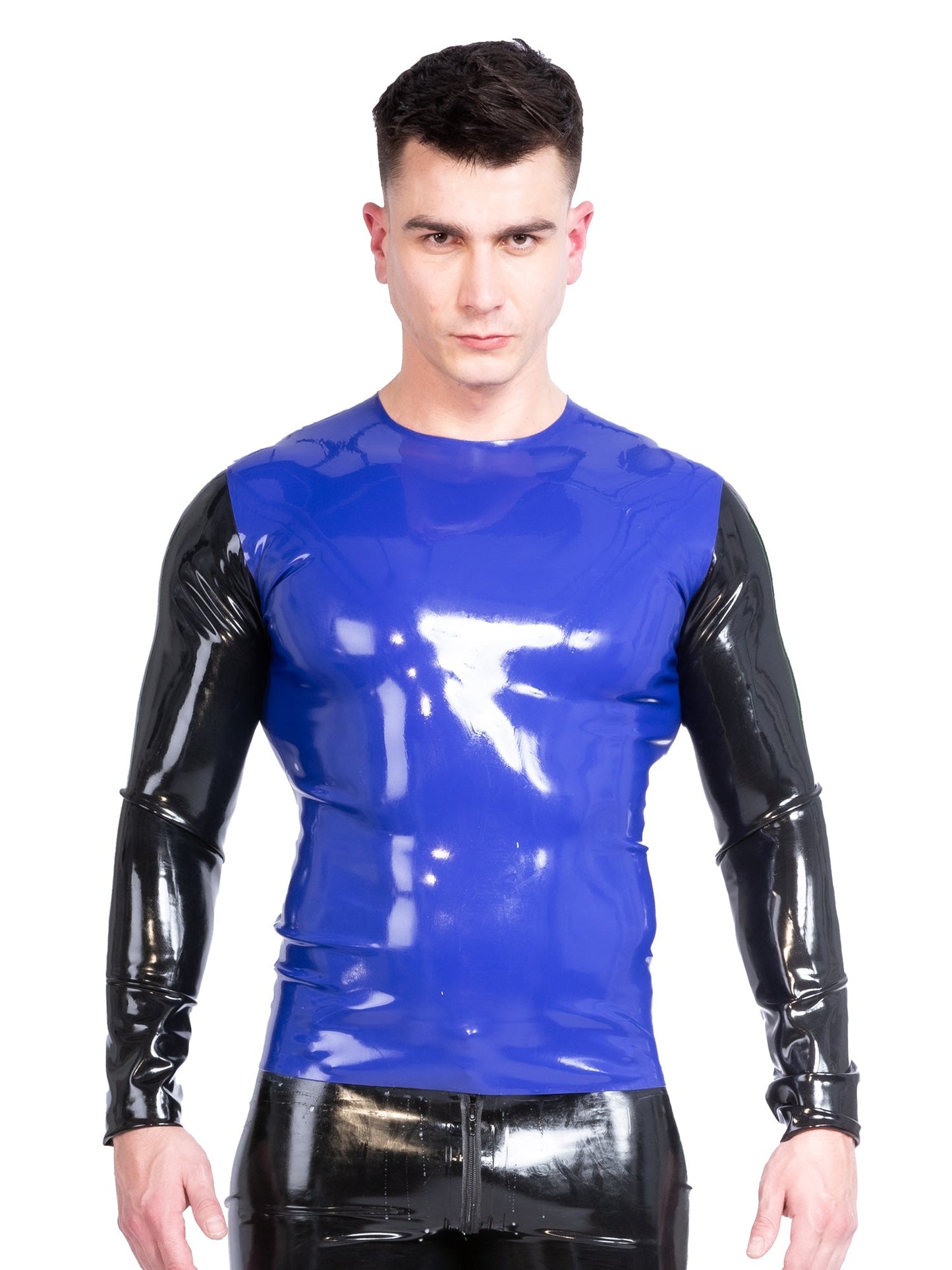 Blue & Black Contrast Long Sleeve Latex/Rubber T-shirt