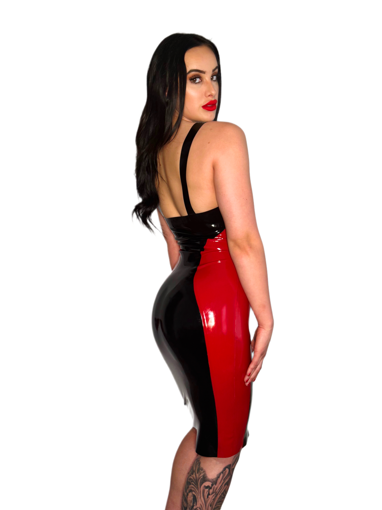 Black and Red Latex/Rubber Latex Contrast Buckle Dress