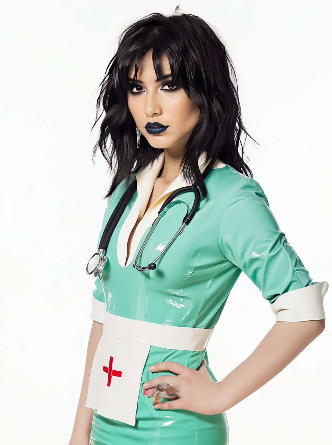 Green Latex/Rubber Uniform Dress