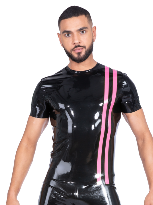 Limited Edition - Black Latex/Rubber T-Shirt With Pink Front Stripes