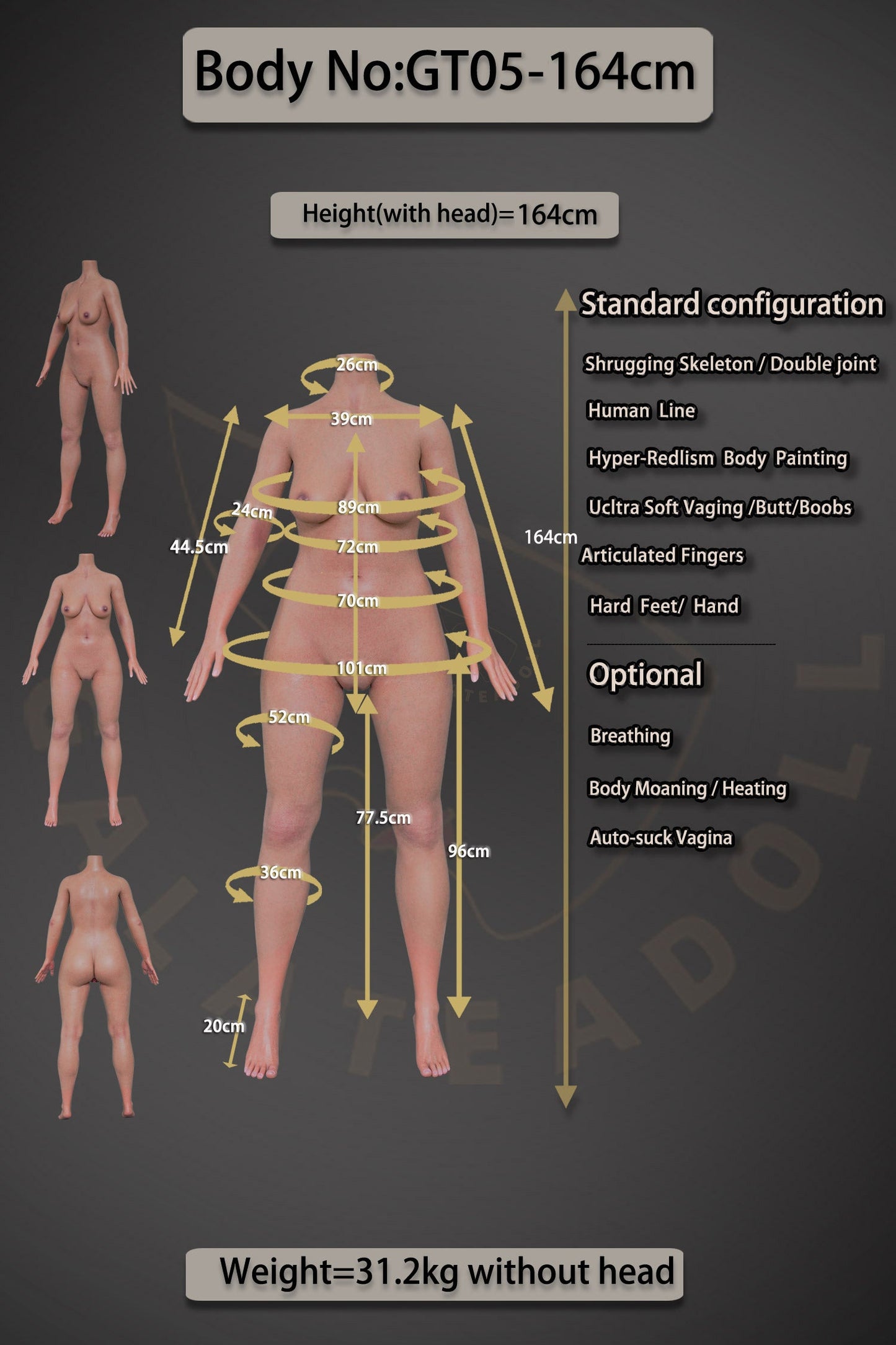 US In Stock - 164cm/5ft5 D-Cup Real Skin Texture Silicone Sex Doll GT05 – JS135 Tan