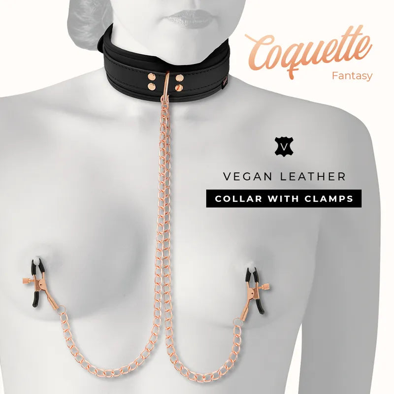 Collier Bdsm Cuir Vegan Avec Pinces À Tétons