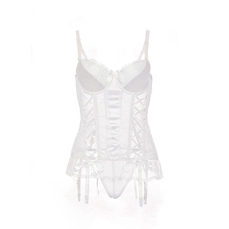 Corset+Garter+Thong - Sexy Transparent Lace Mesh Bustier Push Up Corselet Set