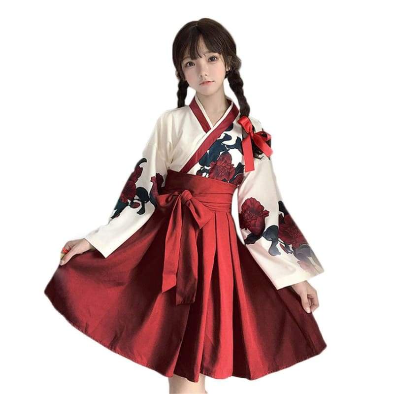 Cute Japanese Girls' Summer Yukata - Long Sleeve Floral Top + Skirt