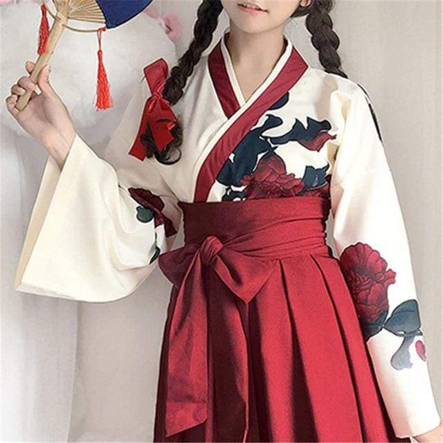 Cute Japanese Girls' Summer Yukata - Long Sleeve Floral Top + Skirt