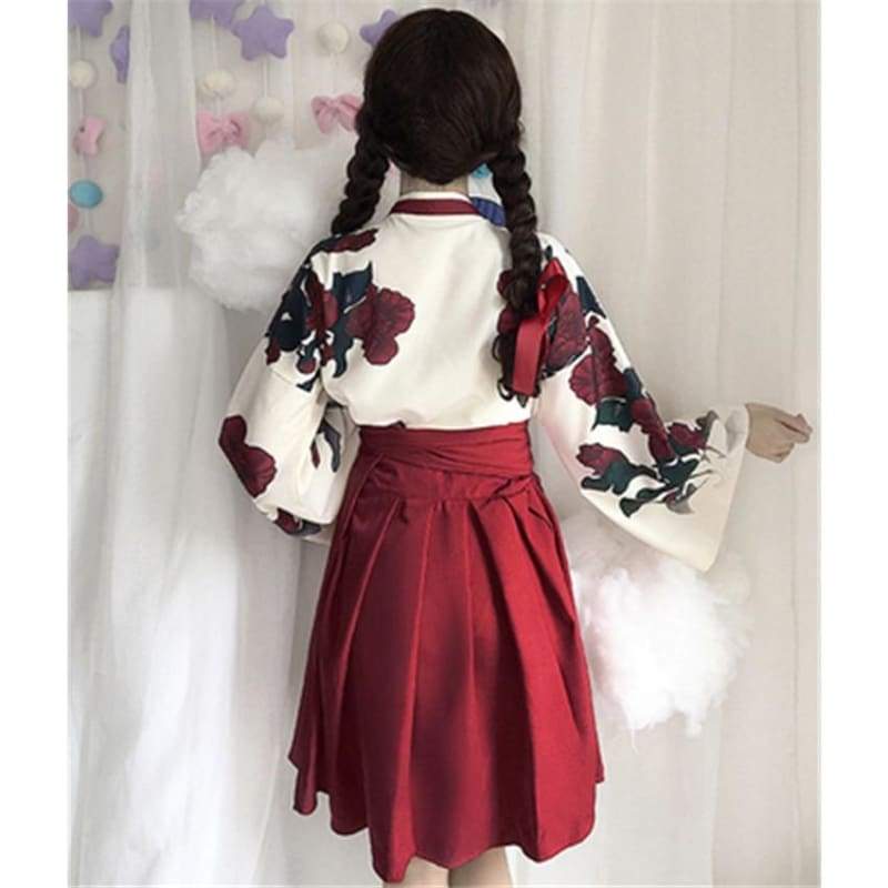 Cute Japanese Girls' Summer Yukata - Long Sleeve Floral Top + Skirt