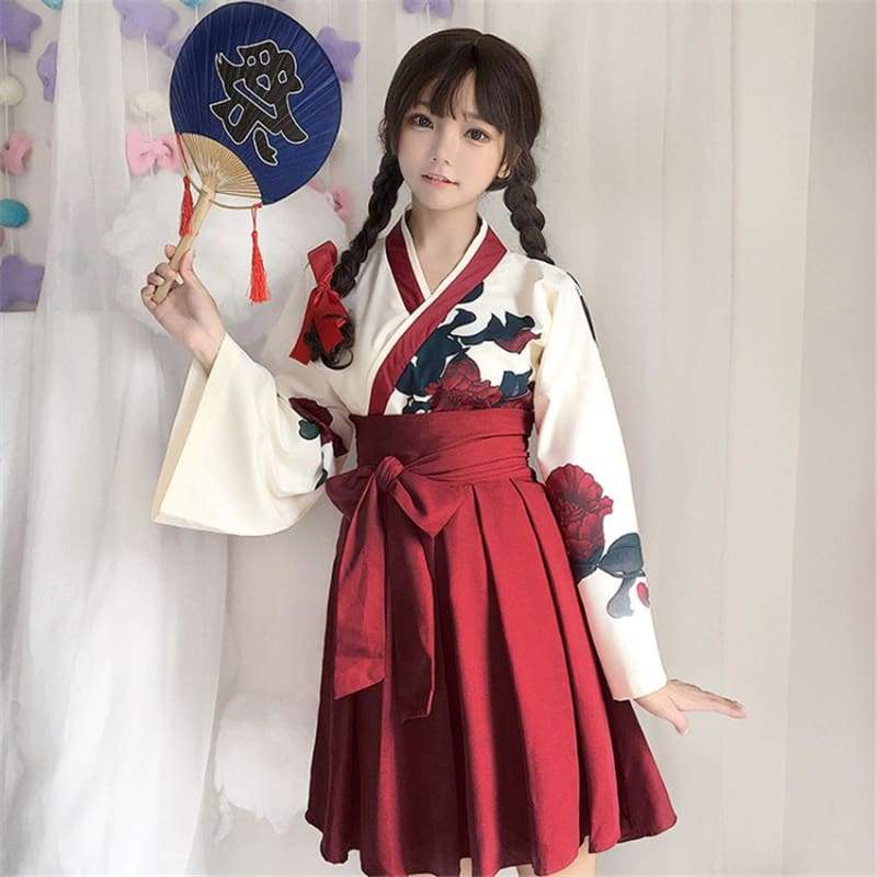 Cute Japanese Girls' Summer Yukata - Long Sleeve Floral Top + Skirt