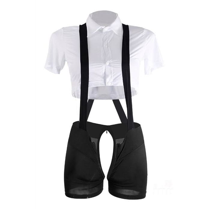 Double-head Zipper Suspender Short + Midriff-baring Shirt --- Sexy Lingerie Brief Suit