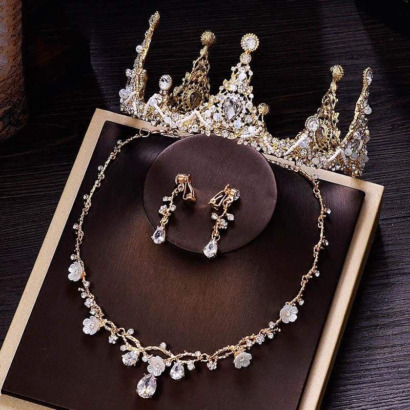 Couronne + collier + boucles d'oreilles de la reine des elfes - Coiffe de mariée baroque en diamant simulé faite à la main