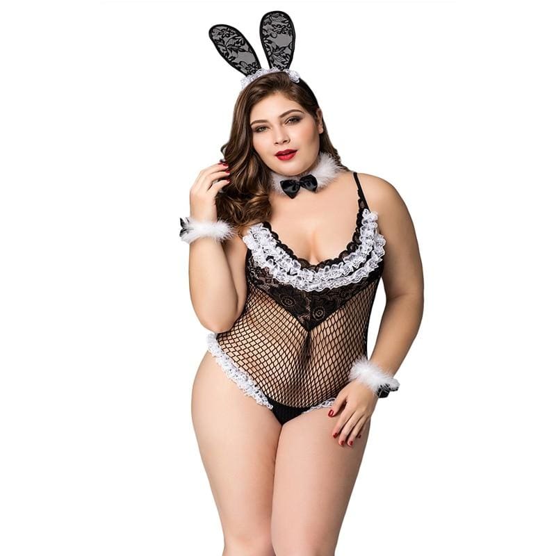 Plus Size Bunny Girl - Fishnet See Through Sexy Lingerie Set Erotic Costume