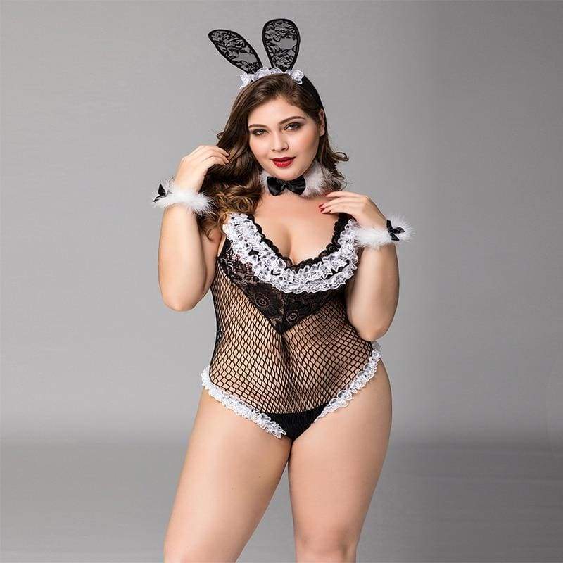 Plus Size Bunny Girl - Durchsichtiges Netz-Dessous-Set, erotisches Kostüm