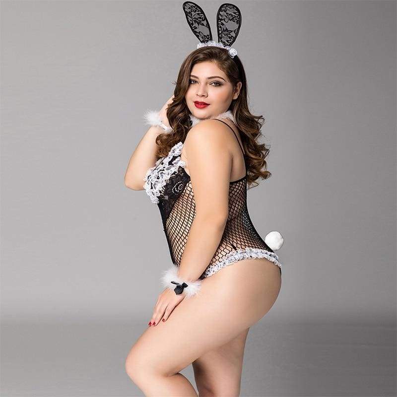 Plus Size Bunny Girl - Durchsichtiges Netz-Dessous-Set, erotisches Kostüm