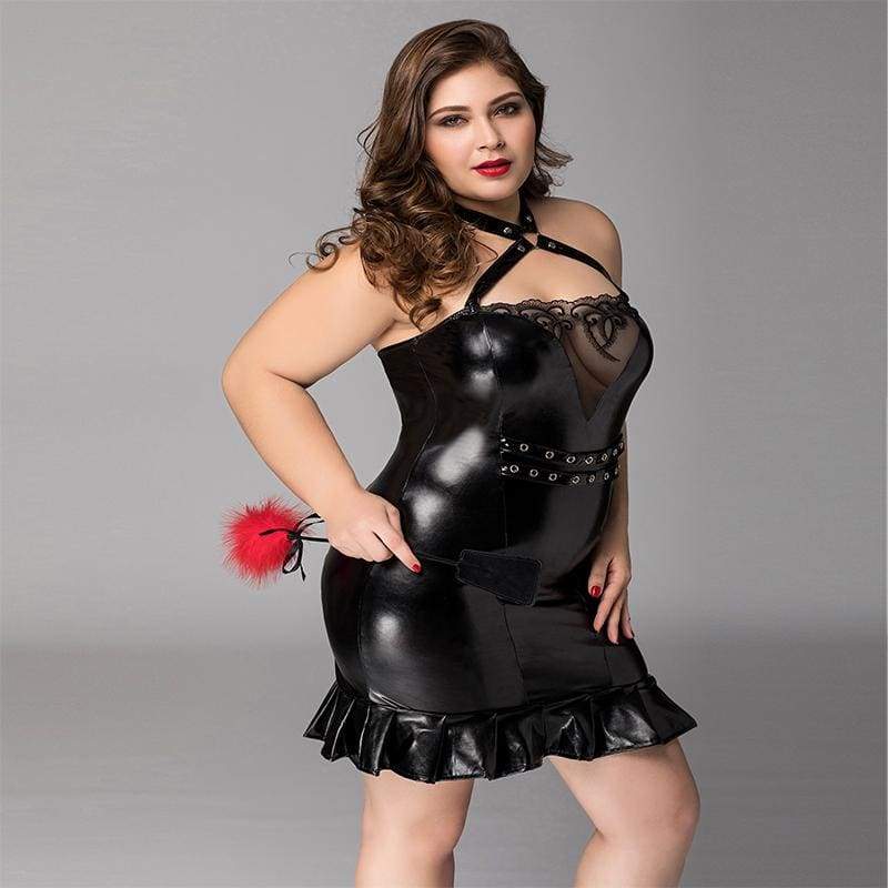 Vêtements de nuit fétichistes grande taille - Robe taille haute en latex et cuir PU avec ensemble de lingerie sexy licou XXL