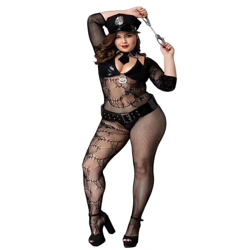 Plus Size Policewoman - Sexy Police Costume PU Leather Military Uniform Erotic Clubwear Lingerie