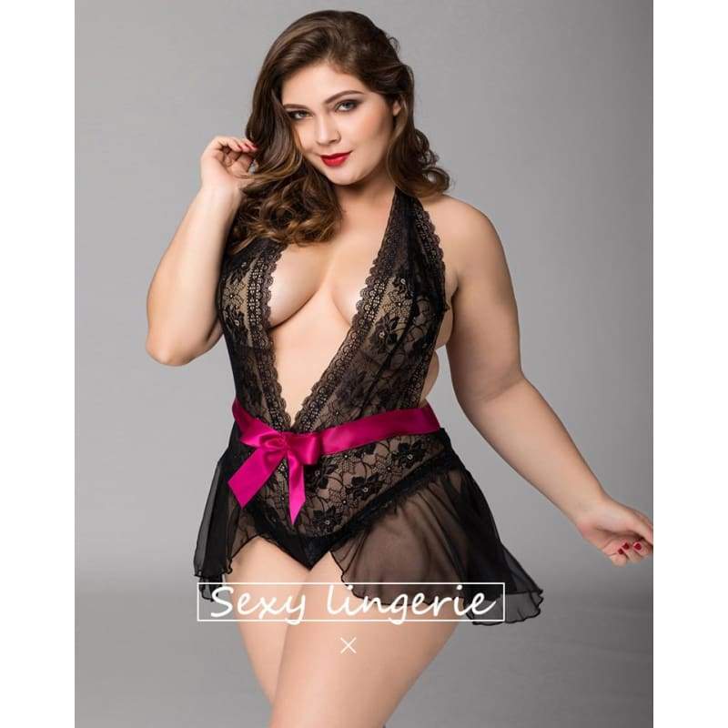 Plus Size Sexy Lingerie Lace Chiffon Backless Transparent Sleepwear XL