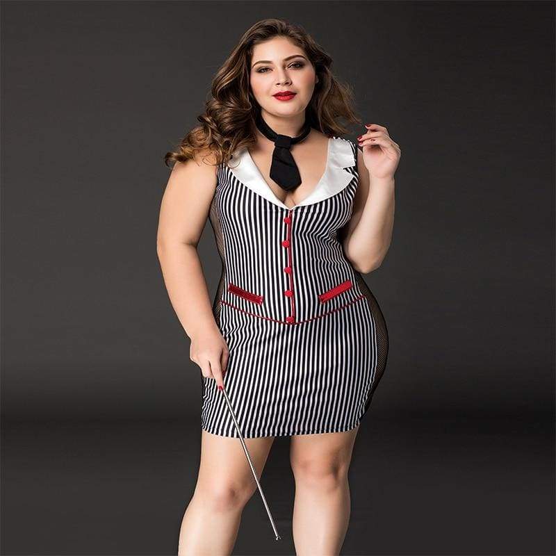 Plus Size Teacher - Vertical Stripe Two Side Transparent Sexy Lingerie Set Erotic Costume