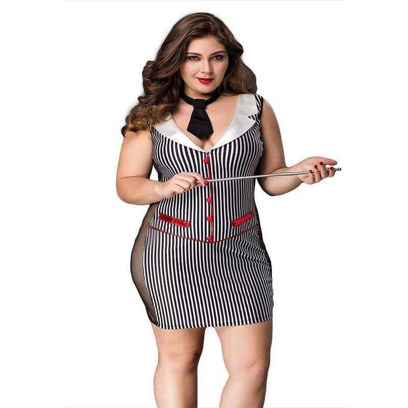 Plus Size Teacher - Vertical Stripe Two Side Transparent Sexy Lingerie Set Erotic Costume