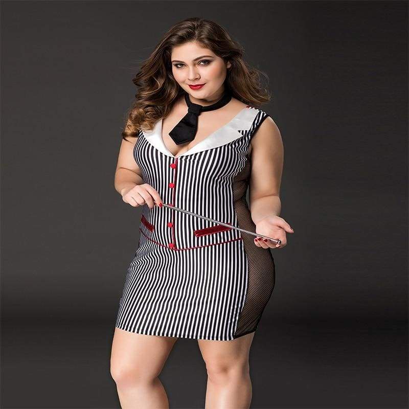 Plus Size Teacher - Vertical Stripe Two Side Transparent Sexy Lingerie Set Erotic Costume