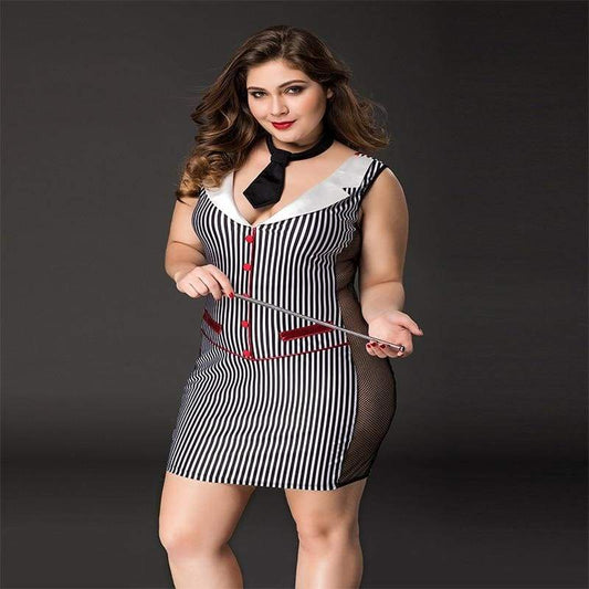 Plus Size Teacher - Vertical Stripe Two Side Transparent Sexy Lingerie Set Erotic Costume