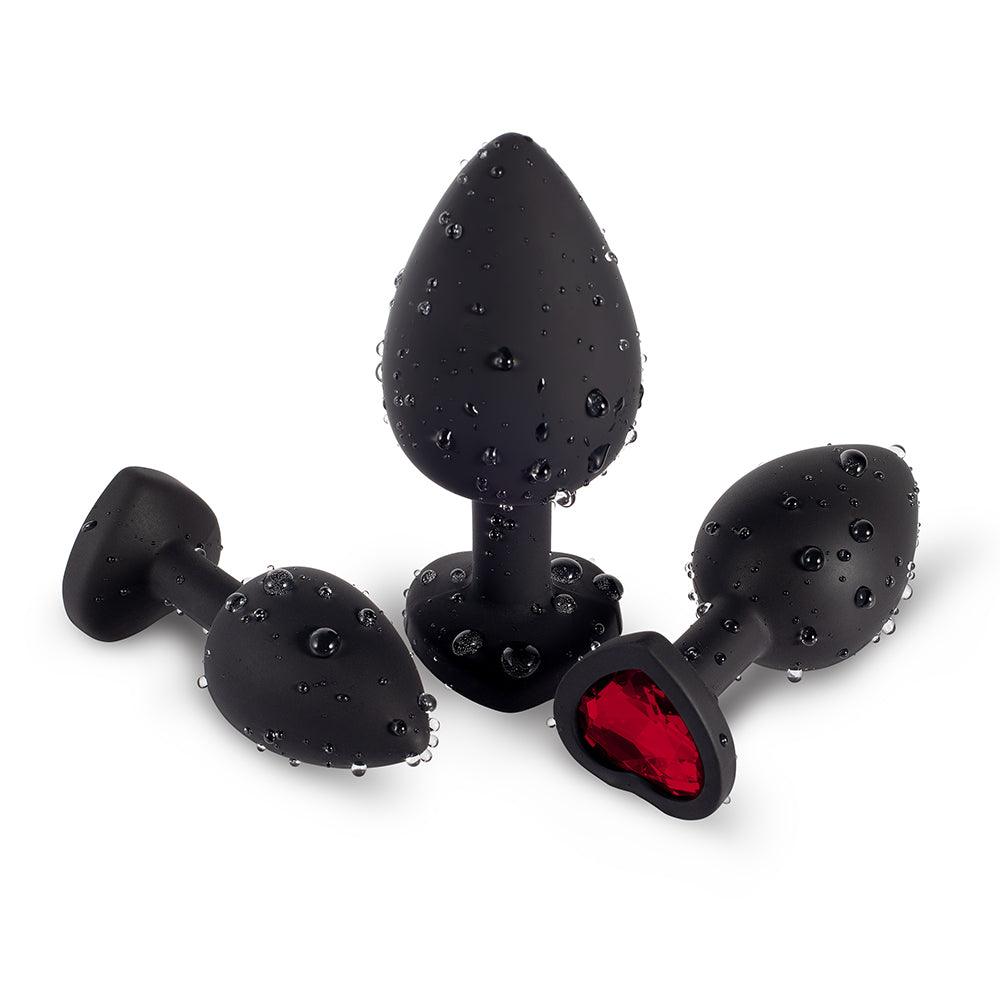 Red Gem Black Silicone Butt Plug Set