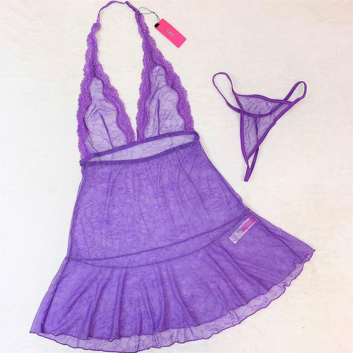 Sexy Lace Halter Chemise Lingerie Set - Purple