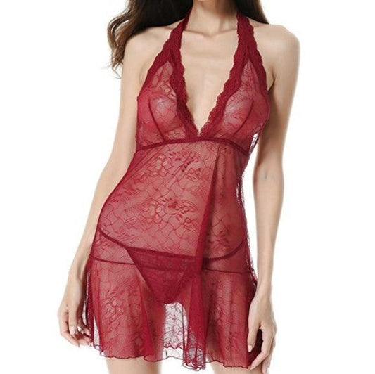 Ensemble de lingerie sexy en dentelle avec nuisette et licou - Rouge