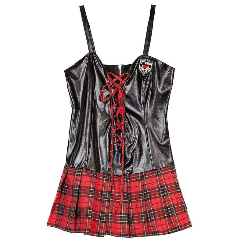 Student Plus Size - Faux Leather and Plaid Skirt Erotic Costumes Sex Uniform XL