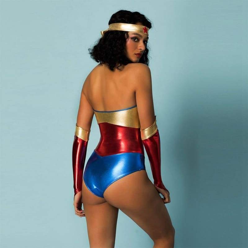 Superheld - PU-Bodysuit mit Marvel-Motiv, Wonder Woman-Uniform, trägerloses Latexkostüm