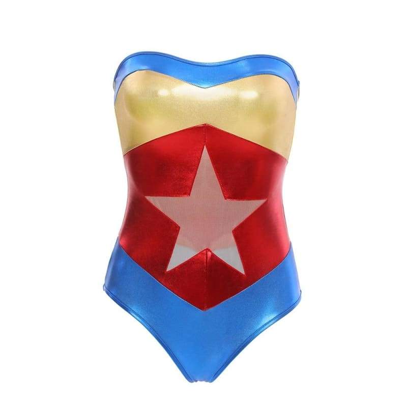 Superheld - PU-Bodysuit mit Marvel-Motiv, Wonder Woman-Uniform, trägerloses Latexkostüm