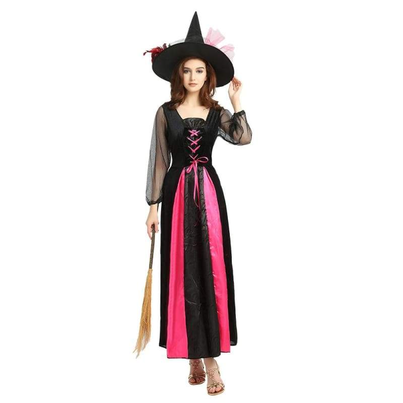 Sorcière - Robe de jeu de rôle de sorcière d'Halloween à manches longues avec chapeau et balai