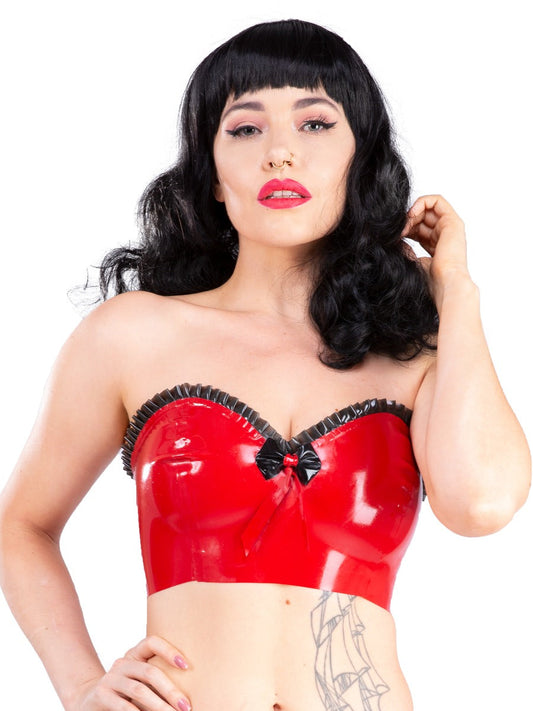 Red Latex/Rubber Tube Top With Black Ruffled Sweetheart Neckline & Bow